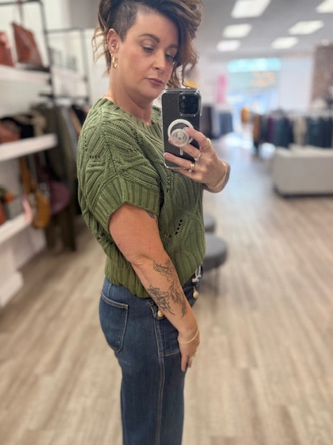 Cable Knit Short Sleeve Sweater in Light Olive