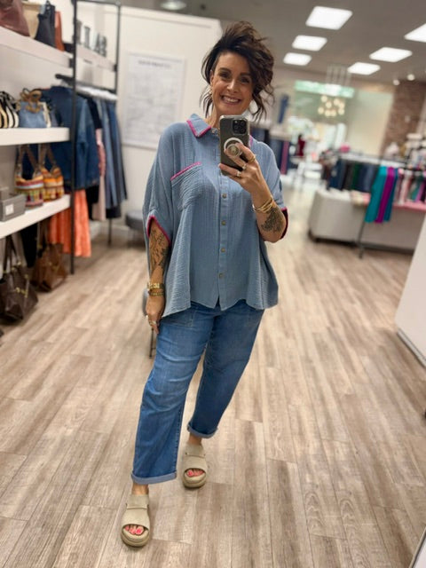 Pink Stitch Button-Up in Washed Denim