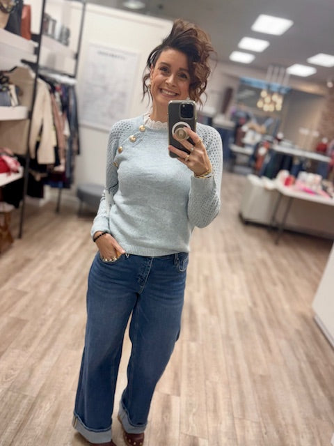 The Buttoned Elegance Sweater in Celeste