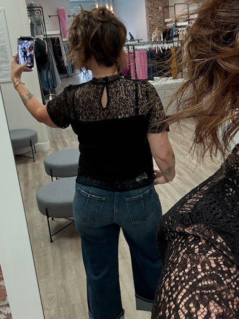 Mock Neck Button Back Lace Top with Lining in Black