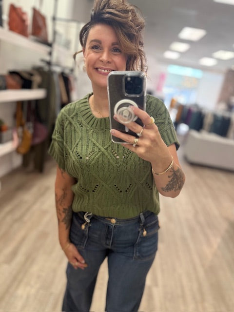 Cable Knit Short Sleeve Sweater in Light Olive