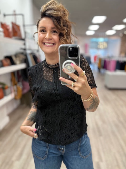 Mock Neck Button Back Lace Top with Lining in Black