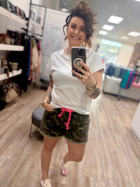 Camo Shorts with a Pop of Pink