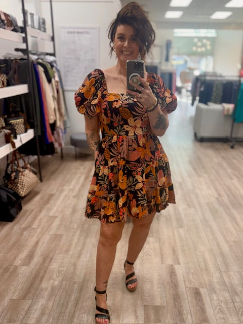 Wild Hibiscus Dress in Orange and Black