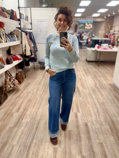 The Buttoned Elegance Sweater in Celeste