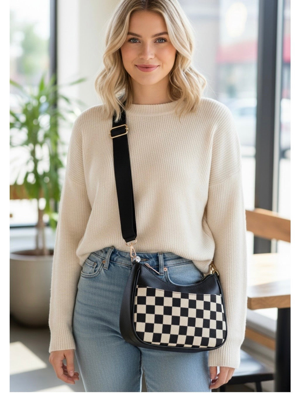 Checkered Crescent Messenger Bag