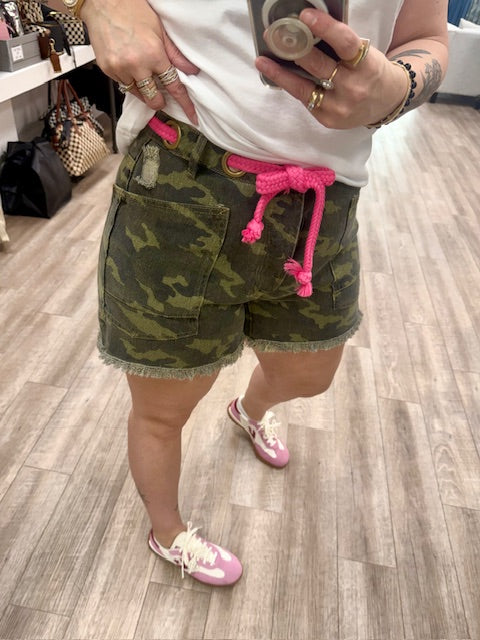 Camo Shorts with a Pop of Pink