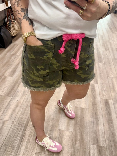 Camo Shorts with a Pop of Pink