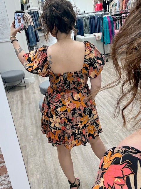 Wild Hibiscus Dress in Orange and Black