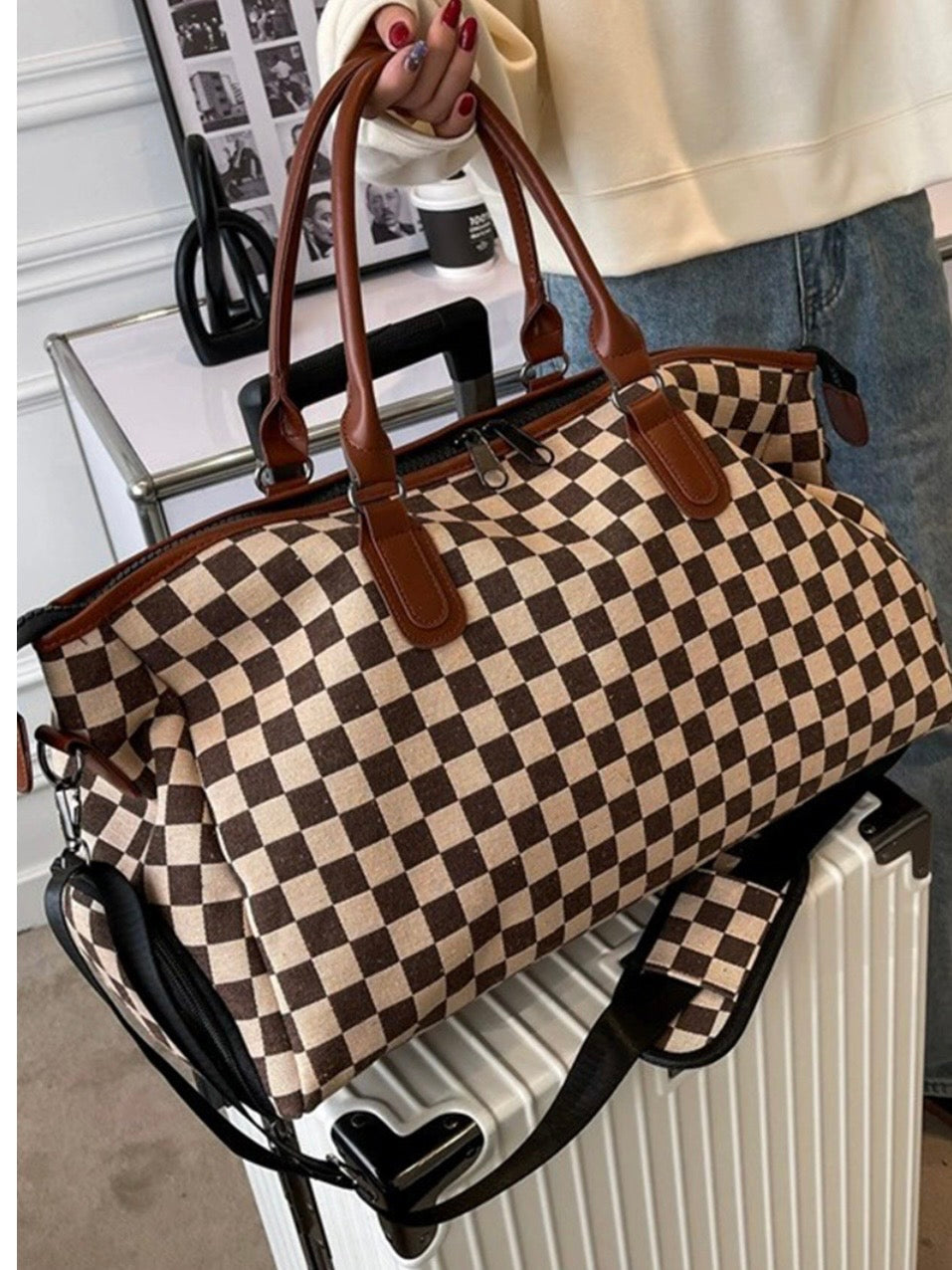 Checkered Canvas Weekender Duffle Bag