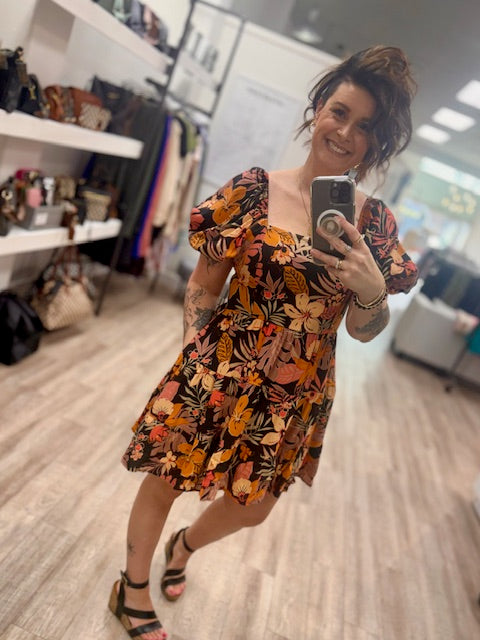 Wild Hibiscus Dress in Orange and Black