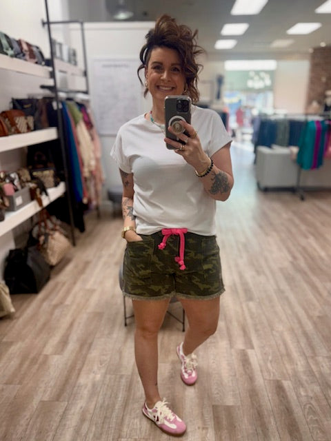 Camo Shorts with a Pop of Pink