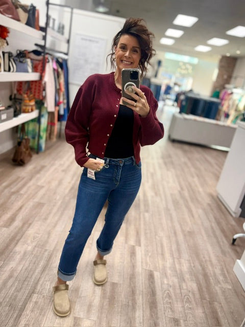 The Just Because Cardigan in Deep Burgundy