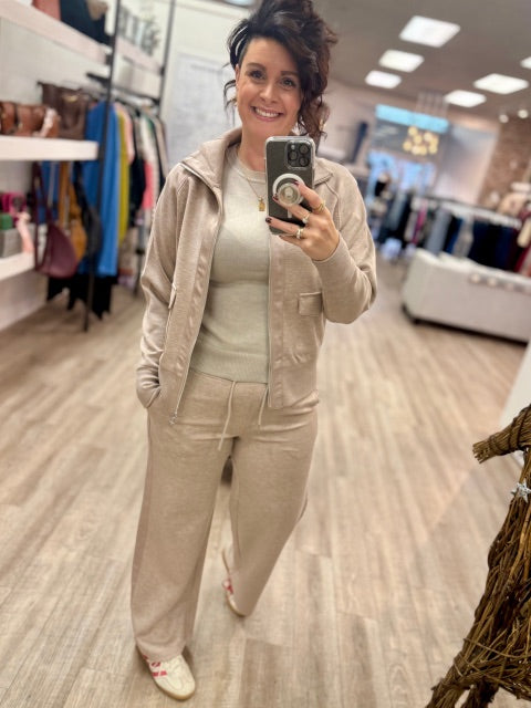 Saruna Soft Knit With Satin Trim Mock Neck Jacket in Taupe Mel