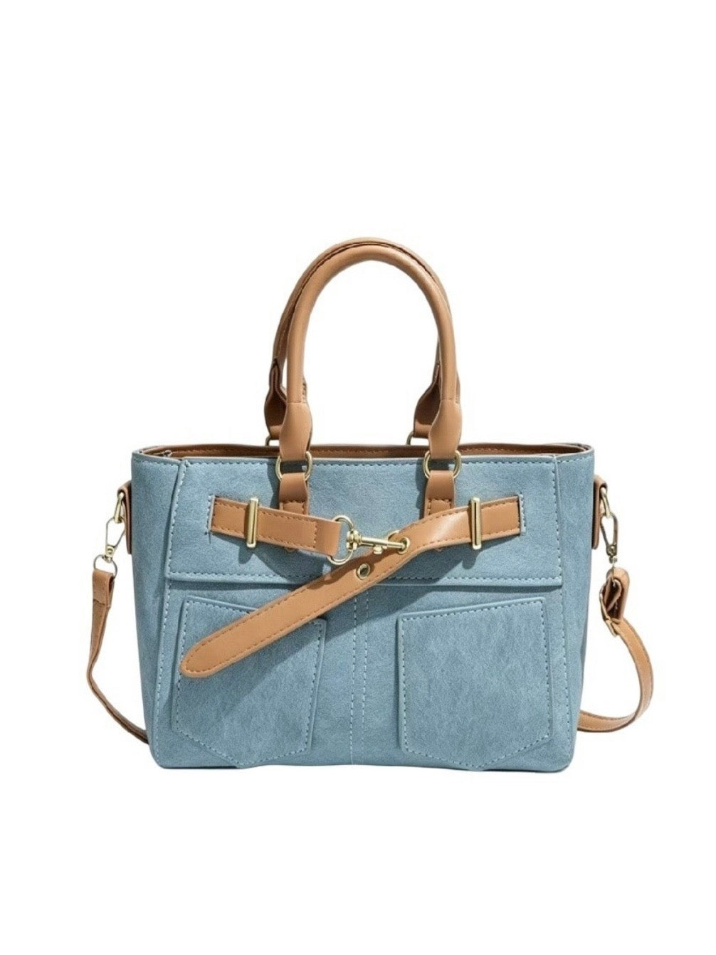 Denim Patch Pocket Tote Bag in Ivory, Black and Brown