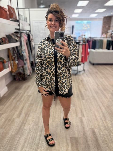 Animal Print Button Down Shirt in Almond