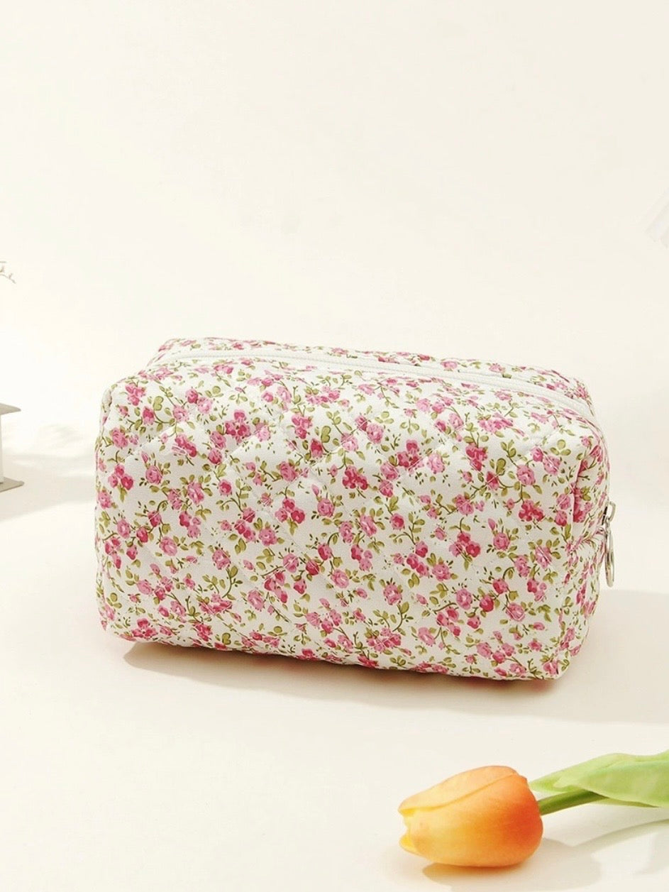 Quilted Floral Cosmetic Pouch Bag