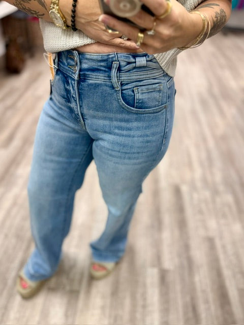 Risen Tummy Control High Rise Wide Leg Bow Waistband Jeans in Light Colour
