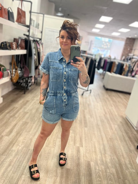 Washed Denim Short Sleeve Romper in Medium Wash