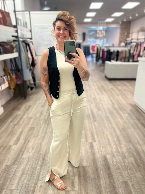Linen Drawstring Pants in Sand Beige