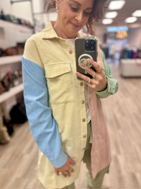 The Pastel Patchwork Shacket in Blush, Ivory, Sage and Blue