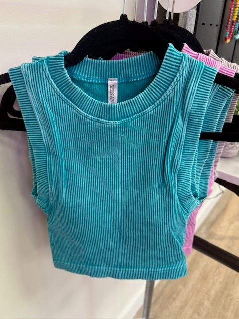 Ribbed Crop Top with Removable Pads in Violet, Deep Sky, Kelly Green, Bright Mauve, Plum, Teal and Sleet