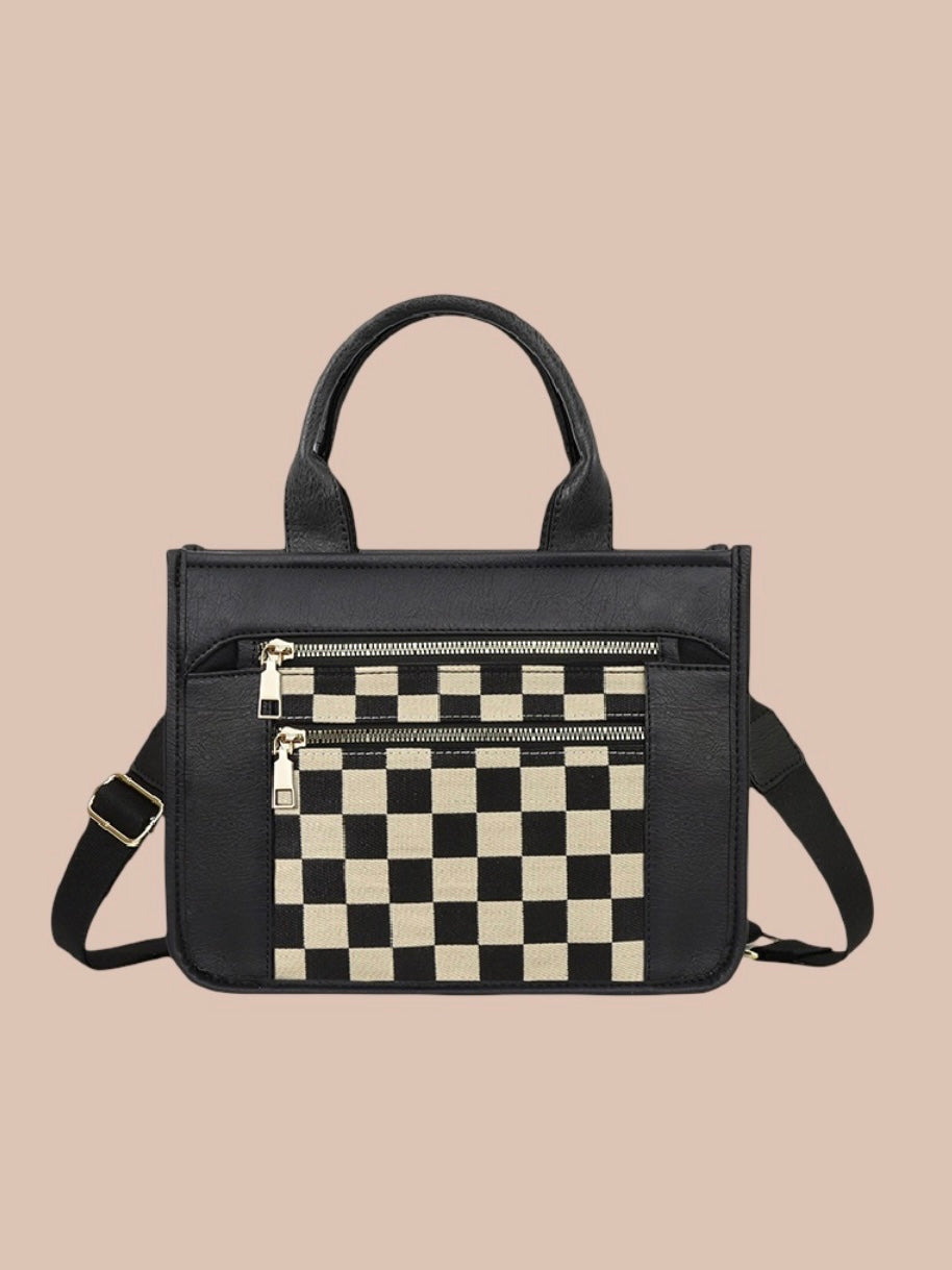 Checkered Tote Bag in Black and Camel