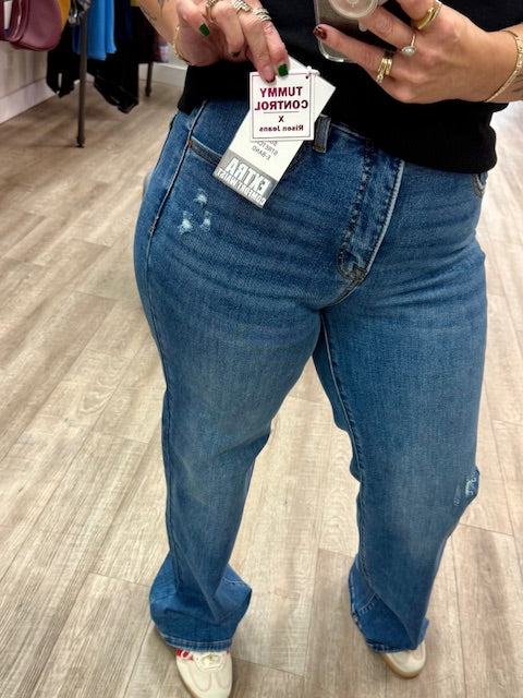 Tummy Control Elastic Band High Rise Wide Leg Jeans in Medium