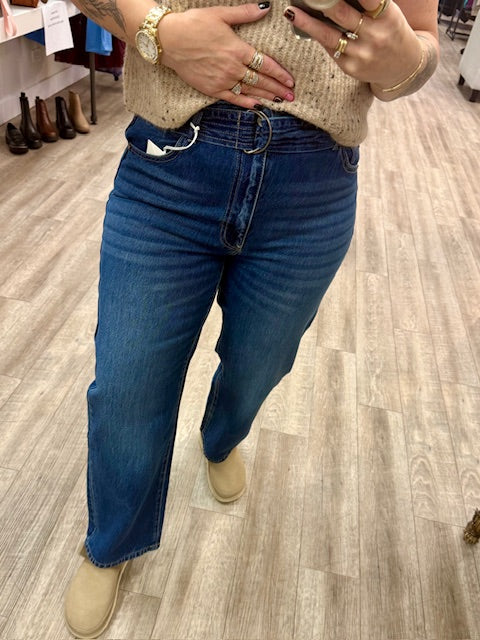 Kaas High Rise Belted Paper Bag Straight Leg Jeans