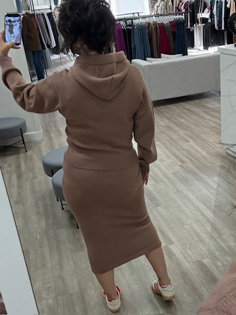 Knit Hoodie Top and Pencil Skirt Set in Mocha