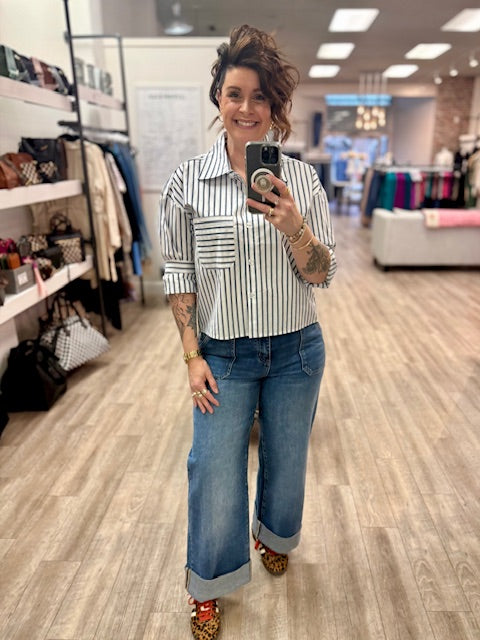 Harbour Stripe Button Up Hi-Low Shirt in White