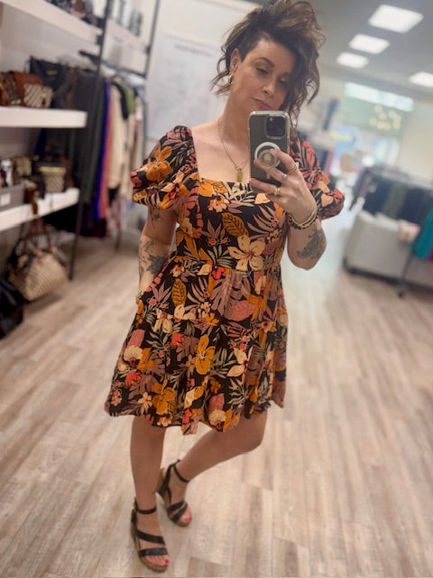 Wild Hibiscus Dress in Orange and Black