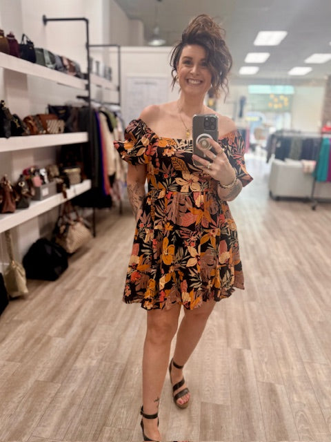 Wild Hibiscus Dress in Orange and Black