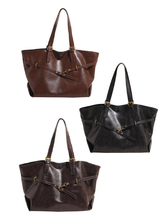 Buckled Tote Bag in Black, Brown and Chocolate
