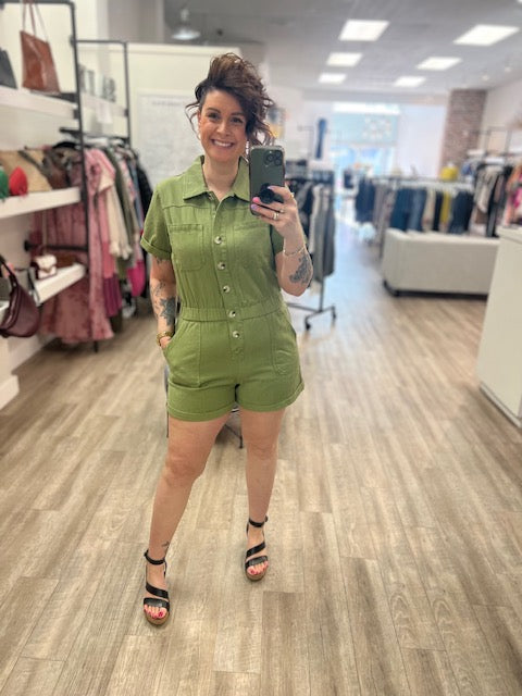 Button Front Cotton Romper in Light Olive