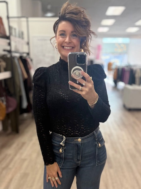 Mock Neck Sheer Elegant Lace Blouse in Black