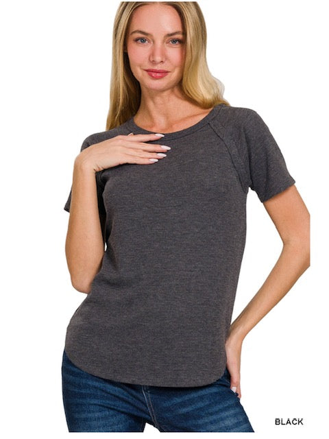 Waffle Short Sleeve Top in Black