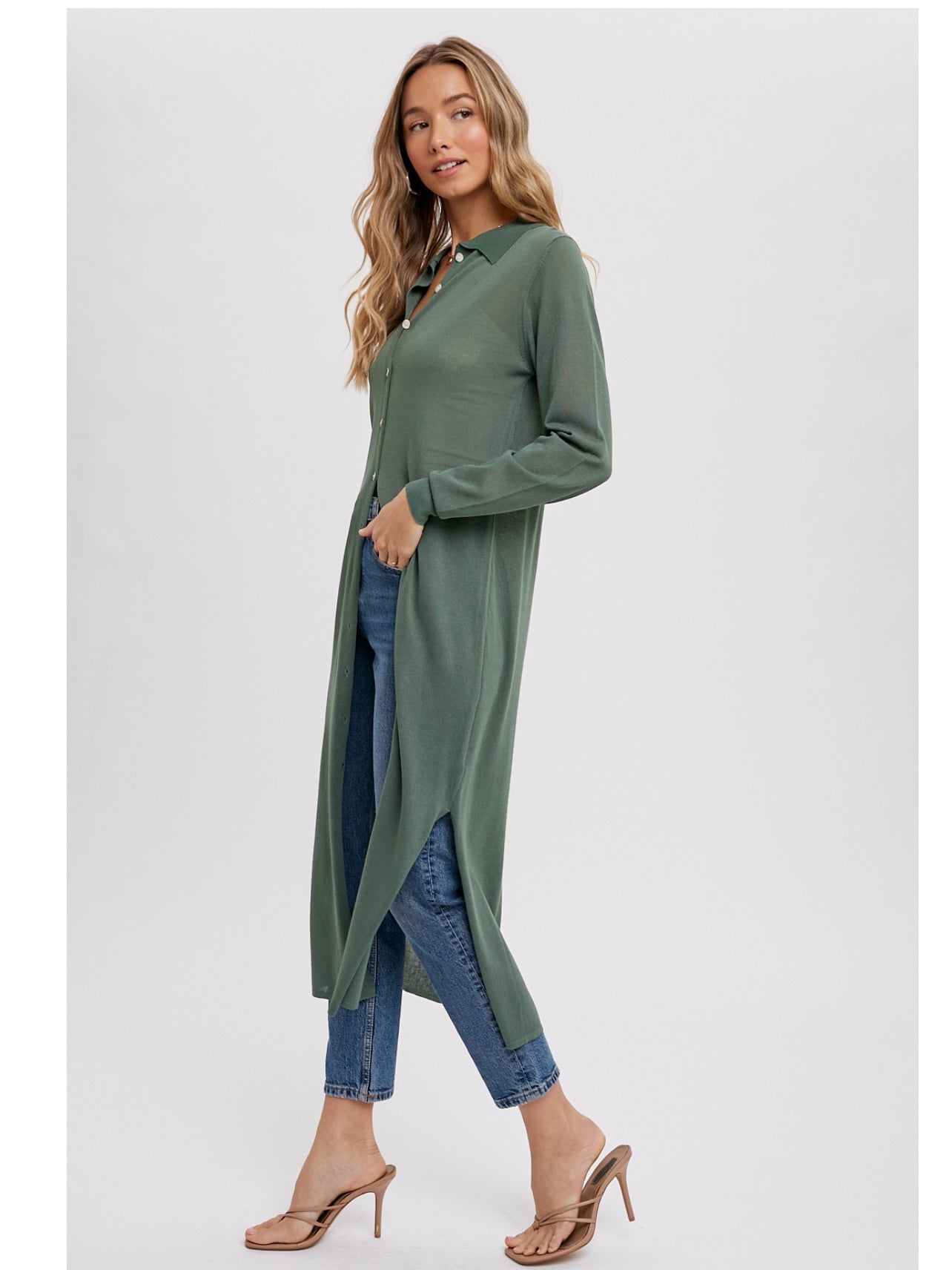 Longline Knit Shirt Top in Sage