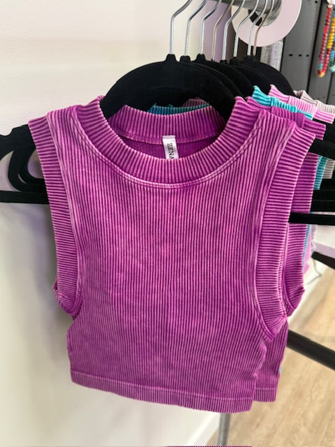 Ribbed Crop Top with Removable Pads in Violet, Deep Sky, Kelly Green, Bright Mauve, Plum, Teal and Sleet