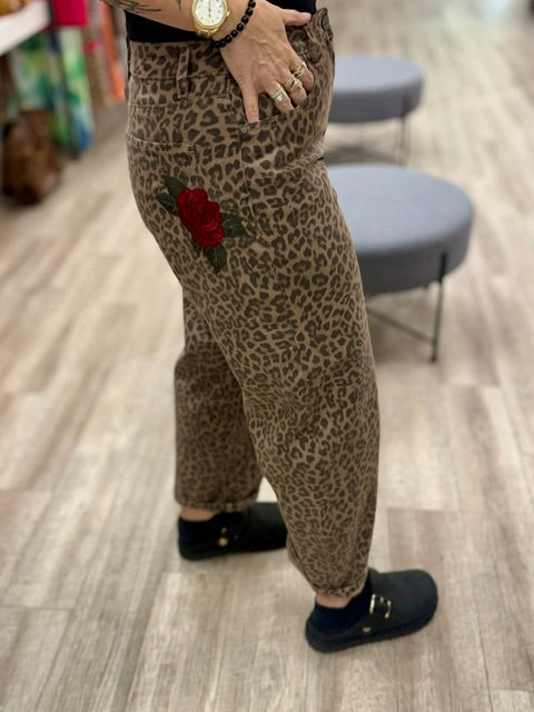 Wild Rose Leopard Barrel Jeans