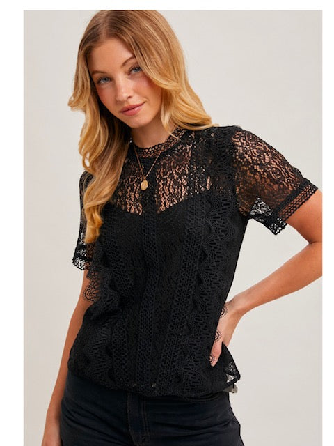 Mock Neck Button Back Lace Top with Lining in Black