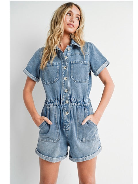 Washed Denim Short Sleeve Romper in Medium Wash