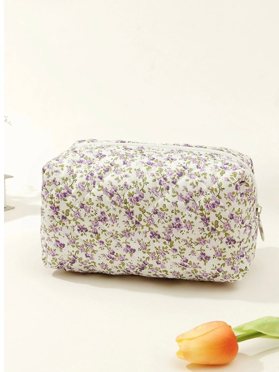 Quilted Floral Cosmetic Pouch Bag