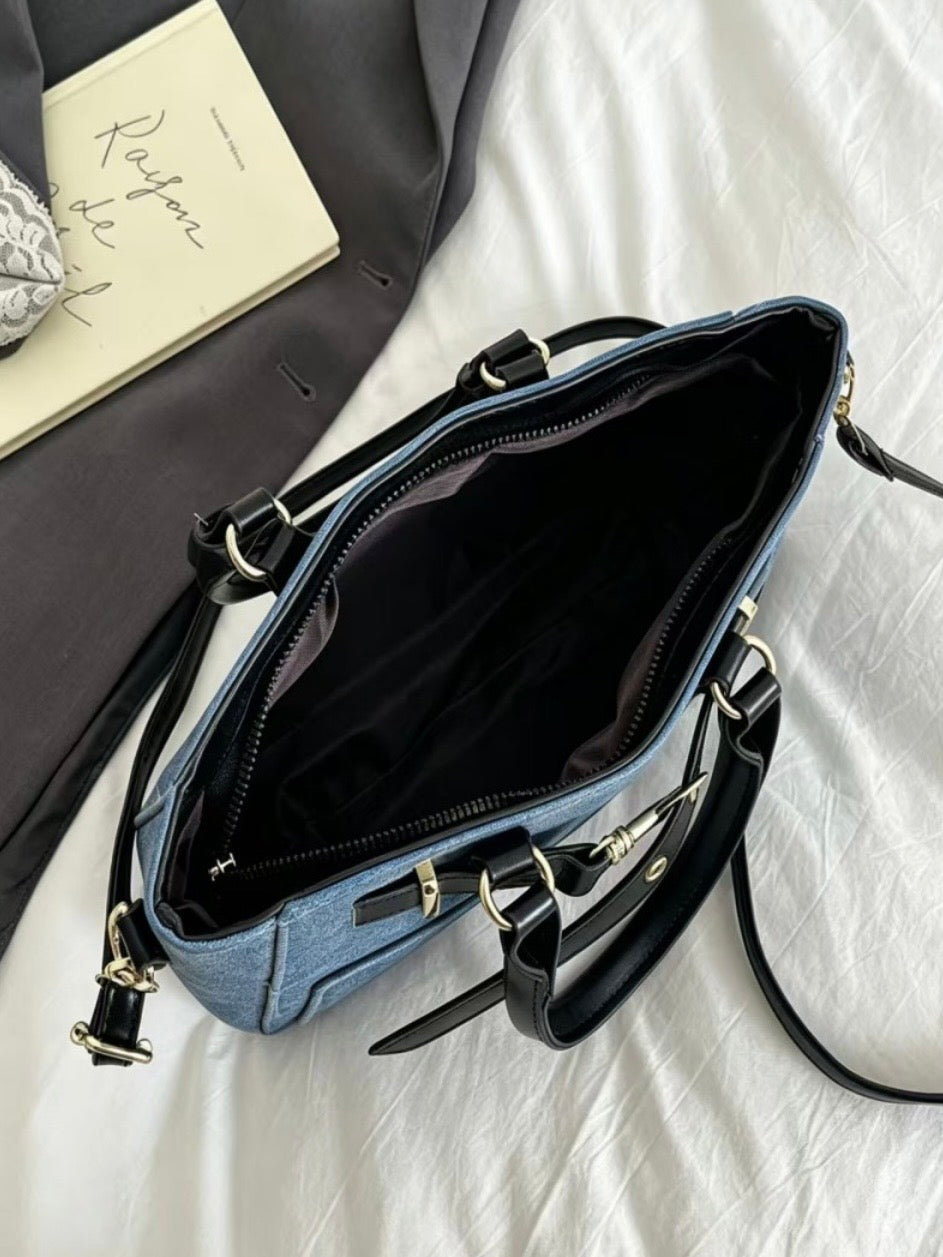Denim Patch Pocket Tote Bag in Ivory, Black and Brown