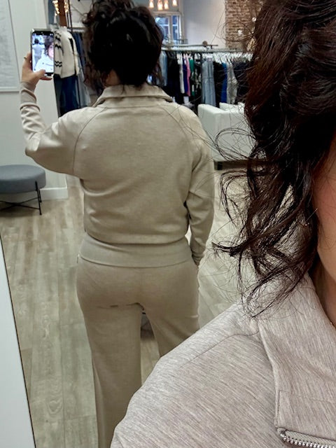 Saruna Soft Knit With Satin Trim Mock Neck Jacket in Taupe Mel