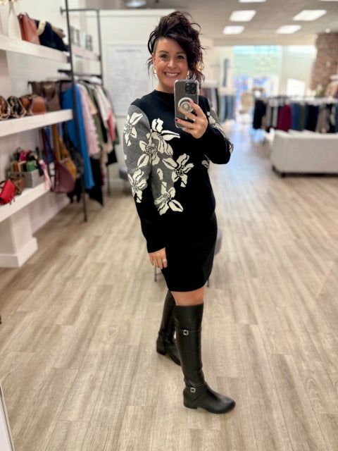 Shadow Blossom Sweater Dress in Black
