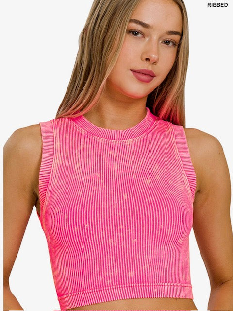 Stone Washed Ribbed Seamless Crop Top in Neon Coral Fuchsia