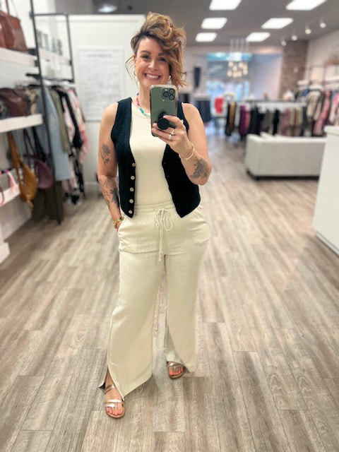 Linen Drawstring Pants in Sand Beige