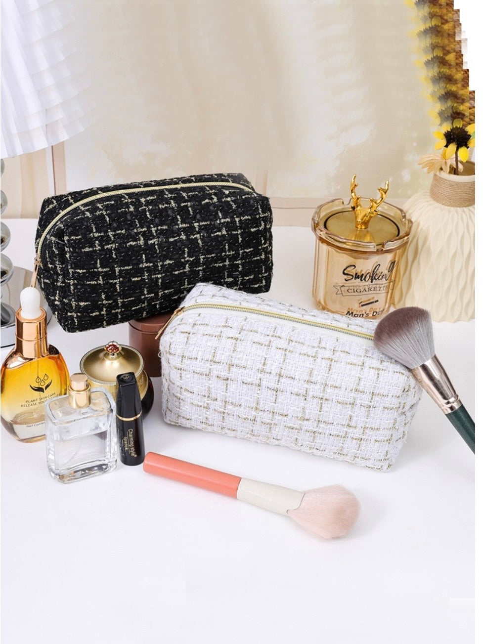 Gold/Black and Gold/Ivory Checkered Pattern Woven Cosmetic Bags