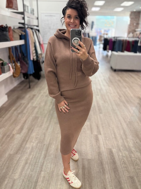 Knit Hoodie Top and Pencil Skirt Set in Mocha
